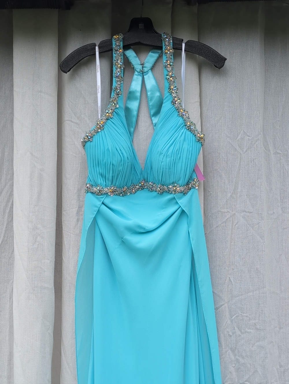 Tony Bowls - Size 14 - Turquoise Beaded Halter Prom Dress